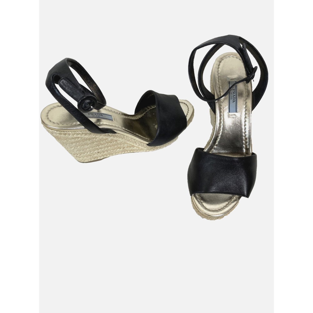 Prada Black Leather Ankle Strap Wedge Sandal 38 US 7.5 Goldtone Insole Open Toe